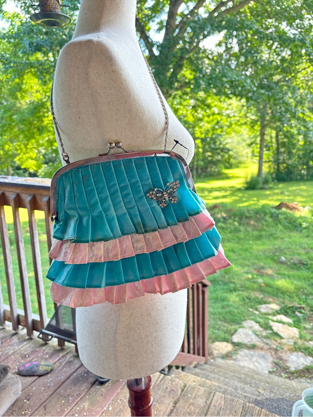 Whimsical Teal & Pink Ruffle Clutch Purse Butterfly Accent Chain Strap Fairycore
